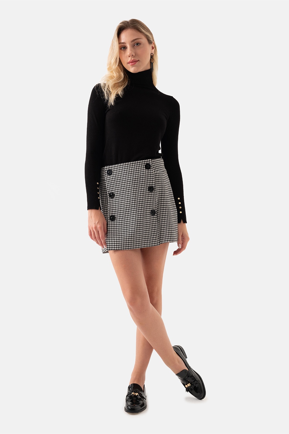 Just Like You, Fusta mini cu model houndstooth, Negru, Alb murdar, 36