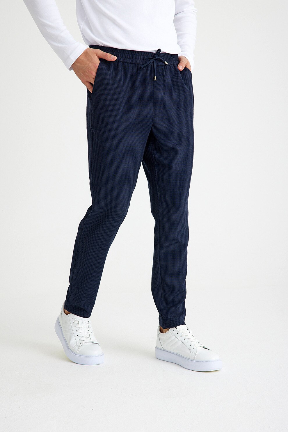Just Like You, Pantaloni cu model houndstooth si snur in talie, Bleumarin, S