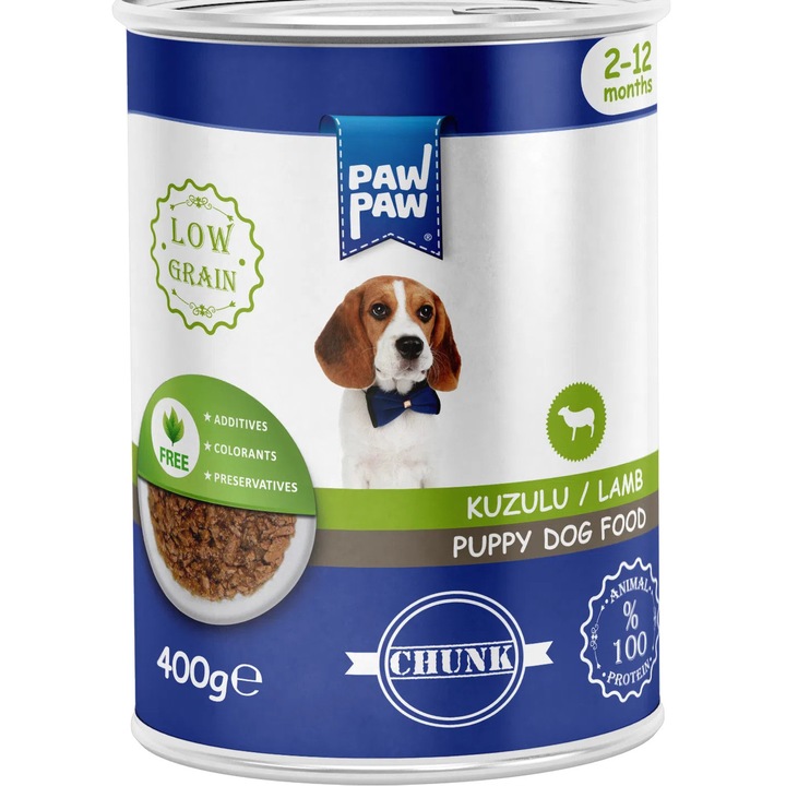 Hrana umeda pentru caine junior, PAWPAW, bucati de miel in sos, 400 g, continut scazut de cereale, proteina animala 100%, digestie usoara si crestere sanatoasa
