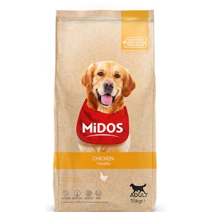 Hrana uscata pentru caini adulti, Midos, cu carne de pui si orez, sac 15 kg, premium, proteine animale de calitate, digestie echilibrata, imunitate puternica