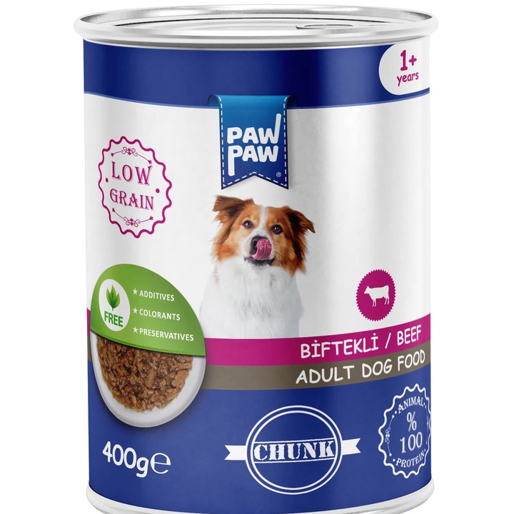 Hrana umeda pentru caine adult, PAWPAW, bucati de vita in sos, 400 g, continut scazut de cereale, digestie usoara, proteina animala si energie zilnica