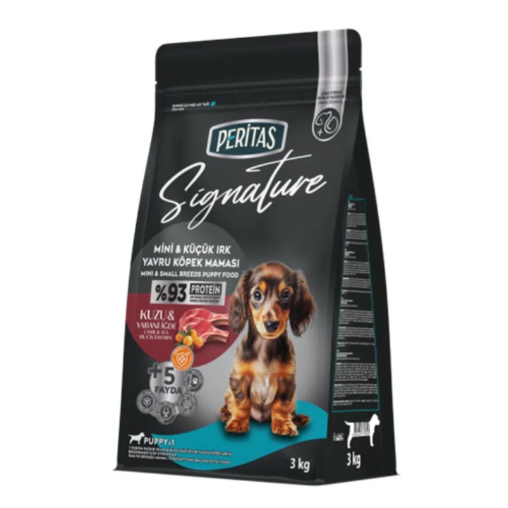 Hrana uscata pentru caini juniori talie mica, Peritas Signature, cu miel si orez, sac 3 kg, super premium, proteine pentru crestere sanatoasa, digestie echilibrata, articulatii puternice