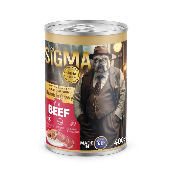 Hrana umeda pentru caini adulti, Sigma, cu carne de vita, conserva 400 g, premium, gust intens cu carne de vita, digestie sanatoasa, energie zilnica