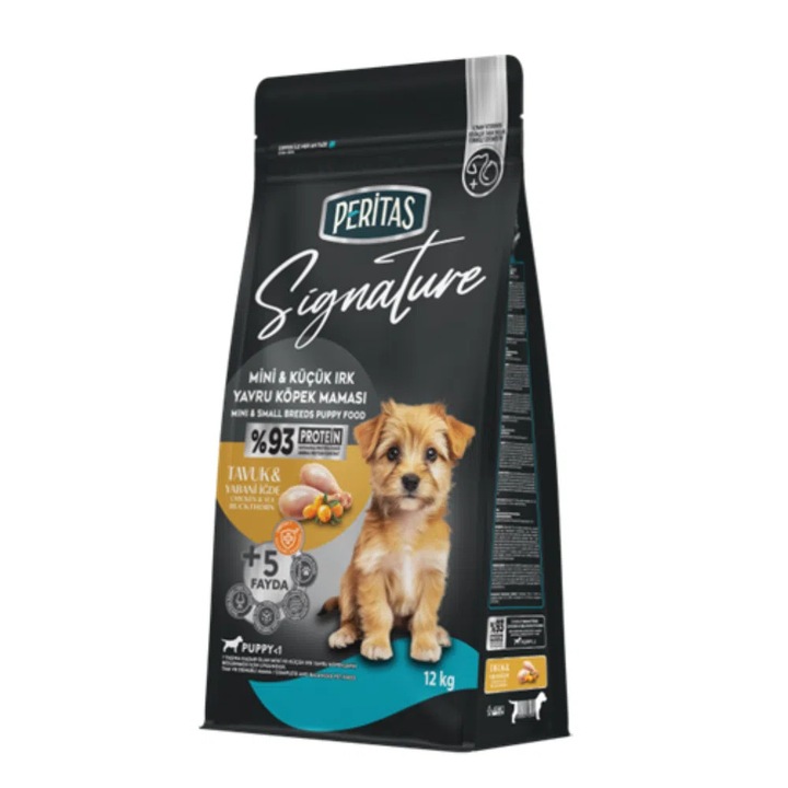 Hrana uscata pentru caini juniori talie mica, Peritas Signature, cu pui si orez, sac 12 kg, super premium, proteine pentru crestere sanatoasa, digestie echilibrata, articulatii puternice