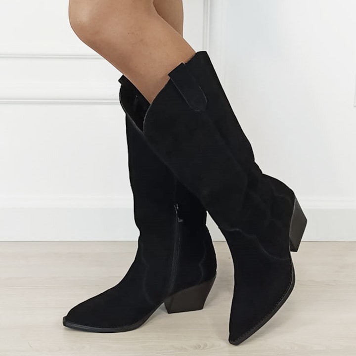 Черни ботуши от естествена кожа с удобен ток 6396 113 18663, Черен