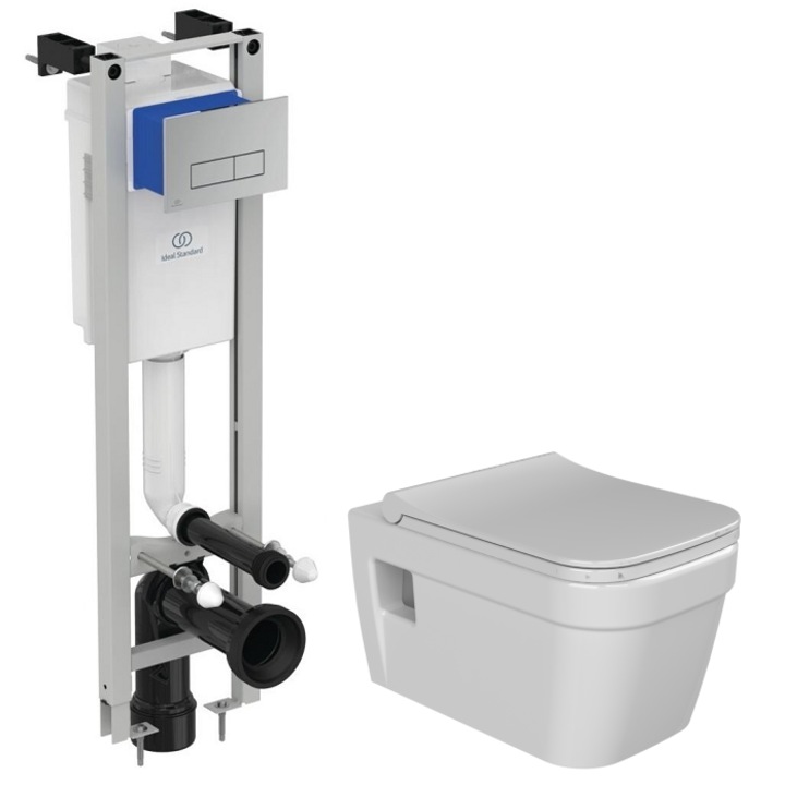 Set 2 in 1 Toaleta Cerastyle Noura Rimless, Ideal Standard, capacitate 9 L, capac soft and slim, clapeta crom lucios