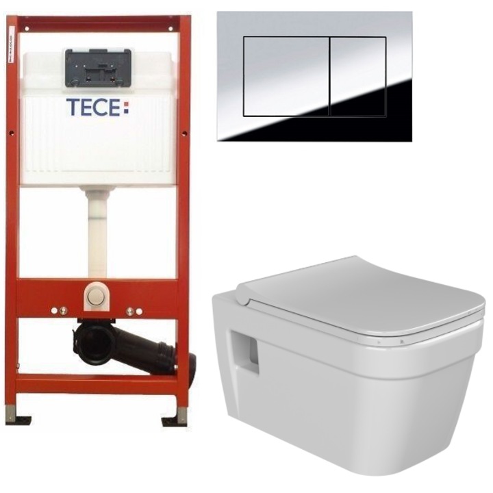 Set 2 in 1 Toaleta Cerastyle Noura Rimless, Tece, capacitate 9 L, capac soft and slim, clapeta crom lucios