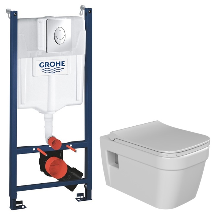 Set 2 in 1 Toaleta Cerastyle Noura Rimless, Grohe, capacitate 9 L, capac soft and slim, clapeta crom lucios