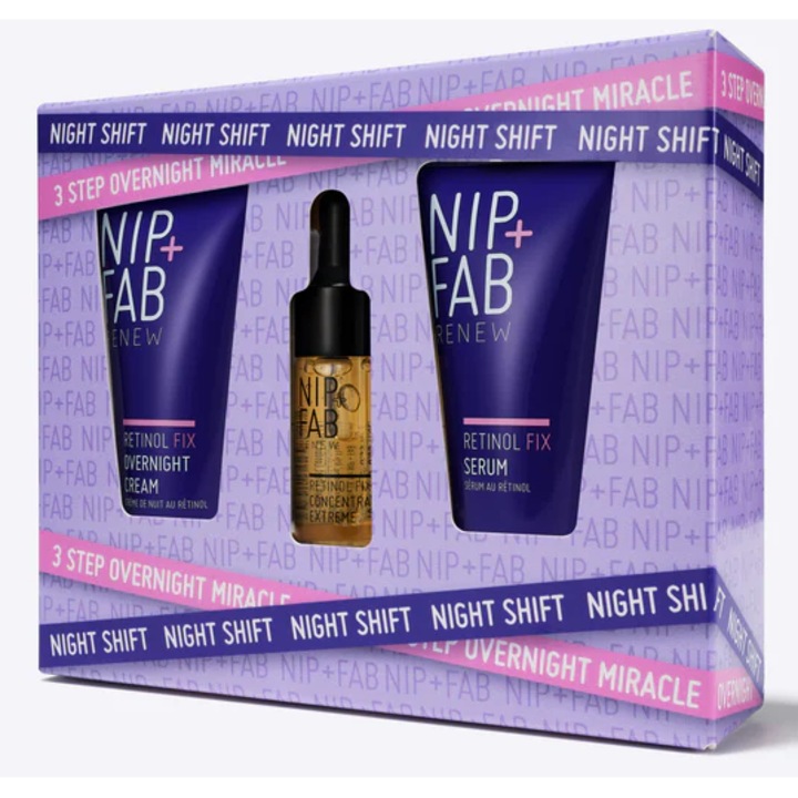 Комплект NIP+FAB Night Shift Trio: Нощен серум за лице Retinol Fix Extreme 3% 20 мл + Нощен крем Retinol Fix 3%, 20 мл + Концентриран серум Retinol Fix 10%, 10 мл