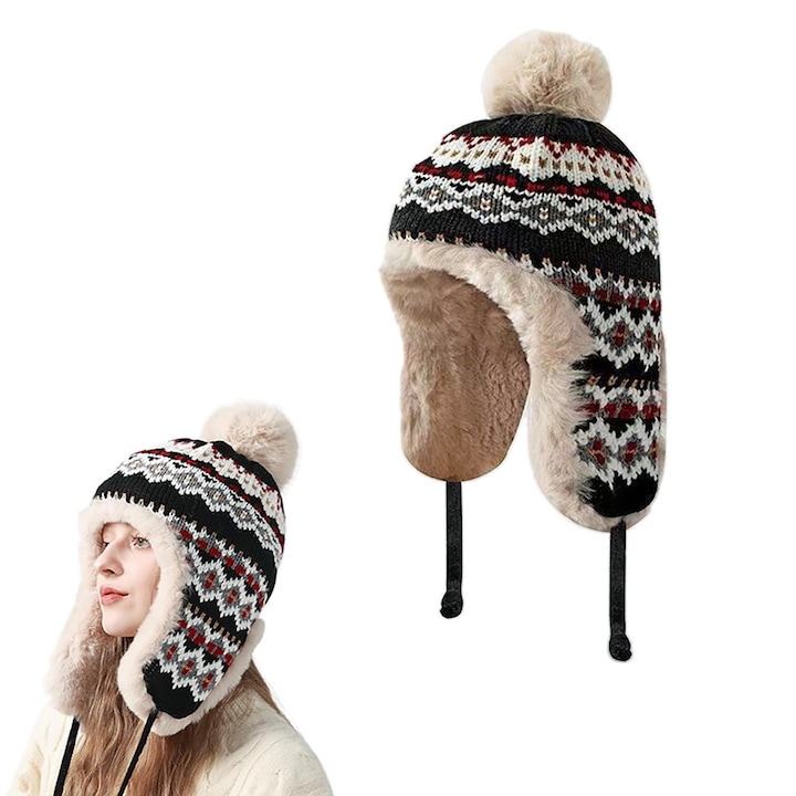 Unisex téli sapka pamut fleece béléssel, fekete, állítható méret 54-59 cm