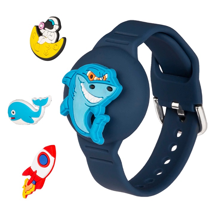 Bratara AirTag pentru copii, silicon moale, rezistenta la apa, design cu desene animate, marime ajustabila, husa integrata anti-pierdere – albastru inchis
