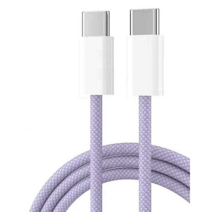 Cablu USB-C la USB-C, incarcare rapida 60W PD, compatibil iPhone 15/16/17 Plus, Pro & ProMax & Android, transfer date rapid, 1m, protectie supratensiune, material textil durabil, mov