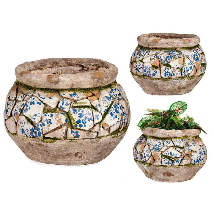 Vaza decorativa rustica pentru gradina Ibergarden® din polirasina, gri-alb-albastru, 28,5x28x19,5 cm, vaza decorativa rustica pentru exterior si terasa, polirasina usor de intretinut, gri-alb-albastru cu aspect patinat, vaza decorativa rustica pentru curt