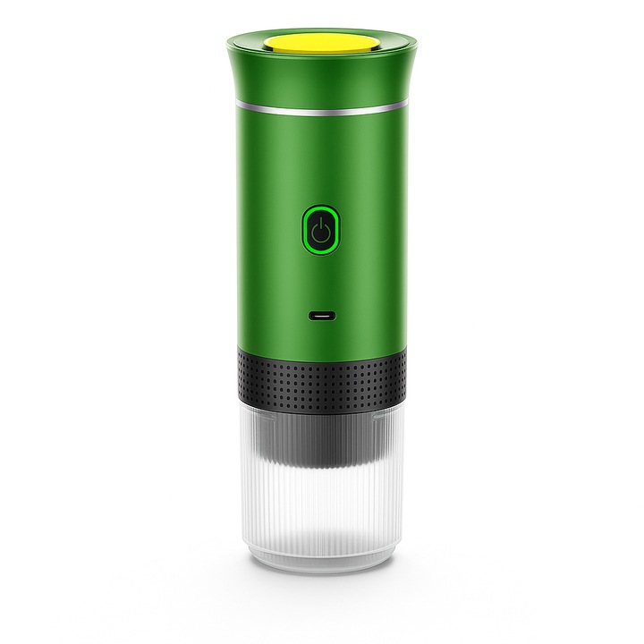Espressor portabil 3-in-1, cu incalzire automata, compatibil capsule Nespresso/Dolce Gusto + cafea macinata, 15 bar, baterie 7500mAh, USB-C/12V, verde