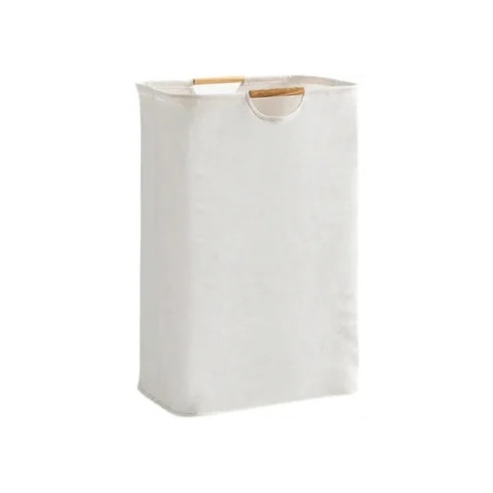 Cos pentru rufe, slim, bej, cu manere din lemn, material Oxford