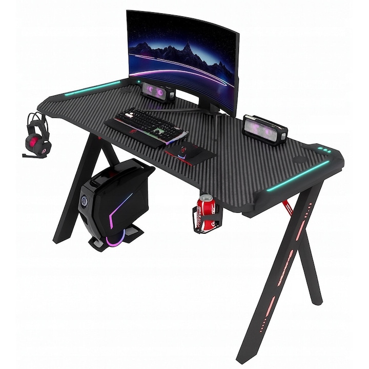 Birou De Gaming Cu Iluminare RGB, Ekspand, 140x60x74 cm, Blat De 18 mm, Finisaj Carbon, Cadru Solid Din Otel, RGB LED Armor Pe Laturile Blatului, Alimentare Prin Usb 5V, Suport Pentru Cana, Carlige Pentru Casti, Negru