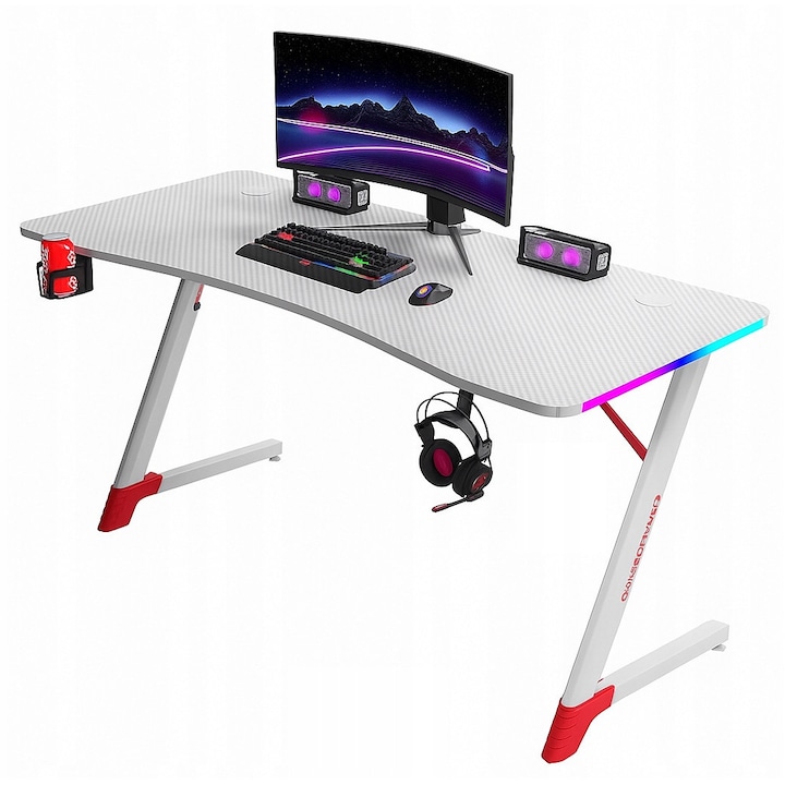 Birou De Gaming Cu Iluminare Rgb, Ekspand, Blat 15 Mm, Finisaj Carbon, Cadru Solid Din Otel – Stabilitate Si Durabilitate, Led Rgb Pe Laturile Blatului – Alimentare Prin Usb 5V, 120 Cm X 60 Cm X 74 Cm, Alb