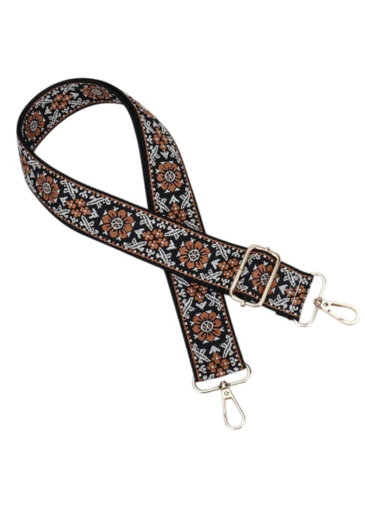 Curea reglabila pentru geanta, brodata model etnic, Maro inchis