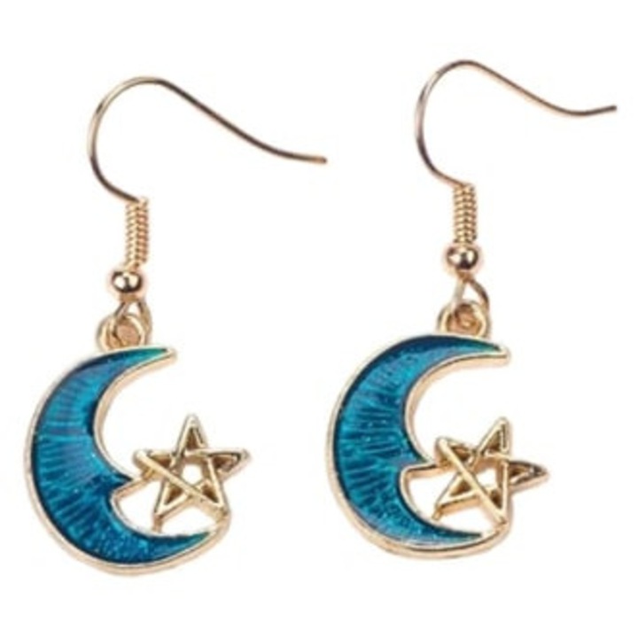 Cercei asimetrici cu email, cercei lungi cu luna, stea, pamant si planeta, albastru