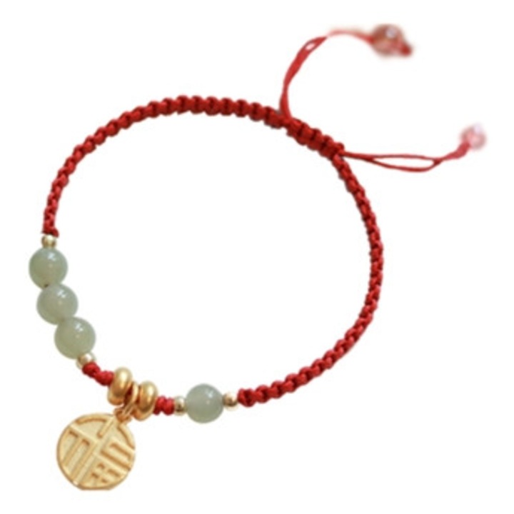 Bratara reglabila din margele, cordon rosu impletit, jad norocos, unisex