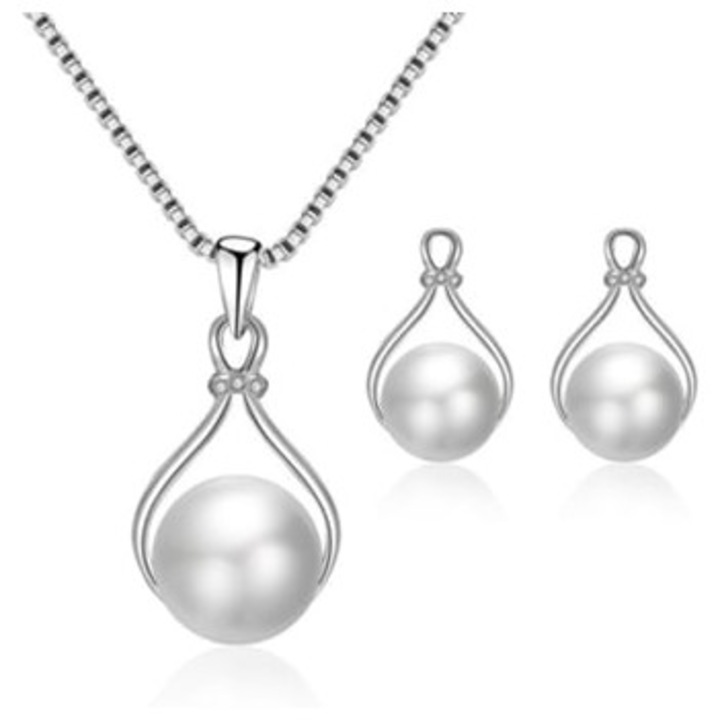 Set bijuterii din perle, de apa dulce albe, cercei eleganti, colier, argint