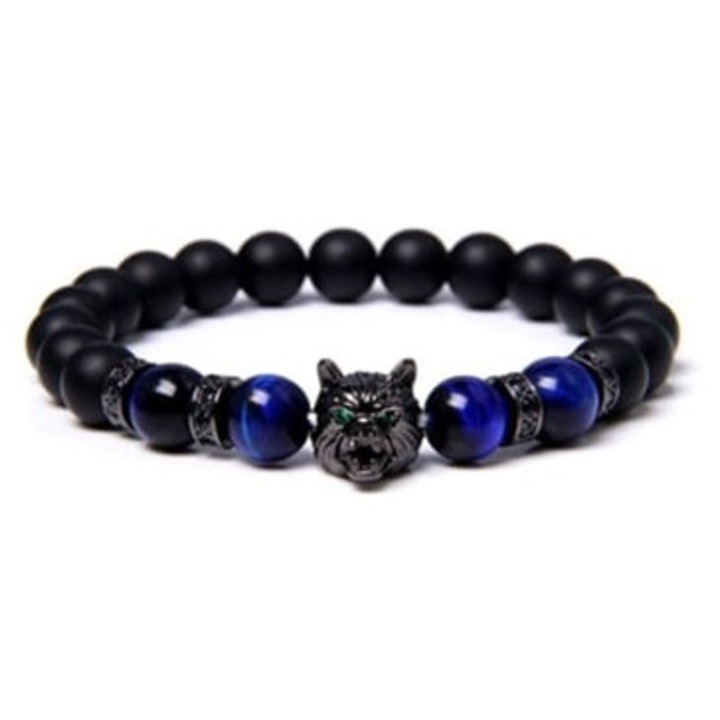Bratara cu margele si pandantiv cap de lup, piatra de cristal, negru/albastru