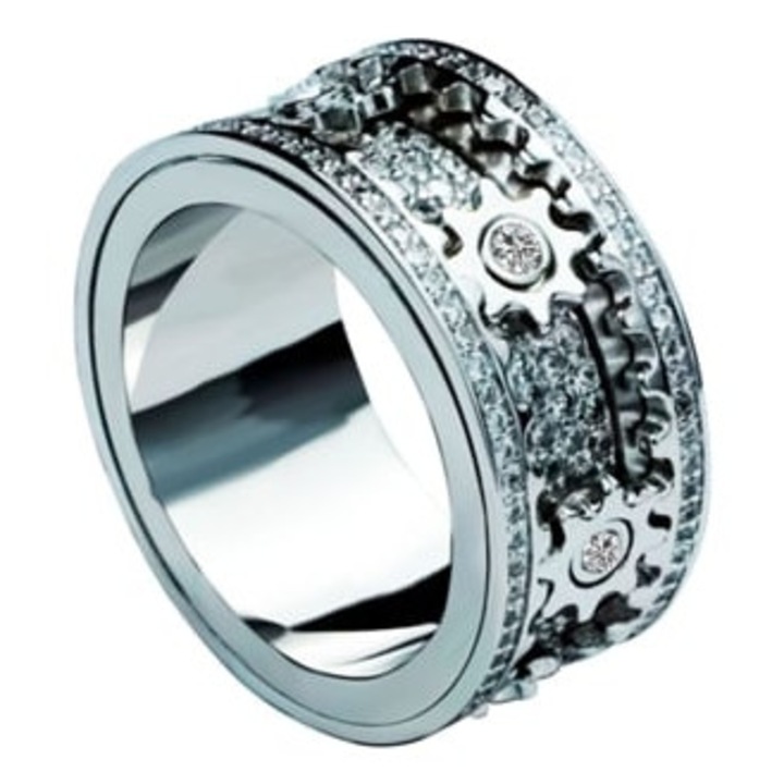 Inel 3D cu mecanism rotativ, aspect reliefat, argintiu