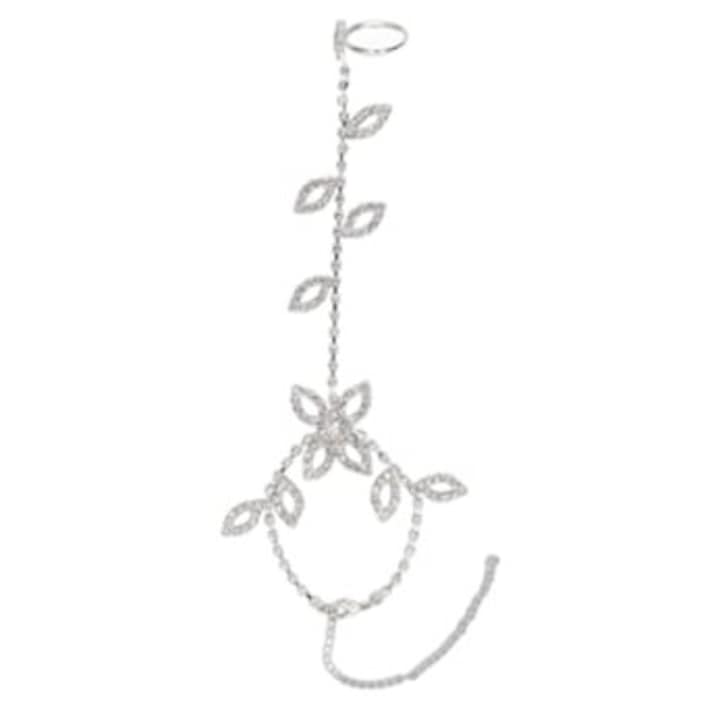 Bratara picior cu inel pentru degete, cristale, design ajustabil, pandantiv in forma de frunza