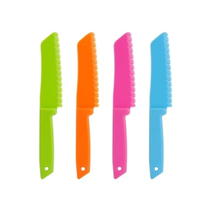 Többfunkciós műanyag konyhai eszköz készlet gyerekeknek, recés pengéjű vágókésekkel