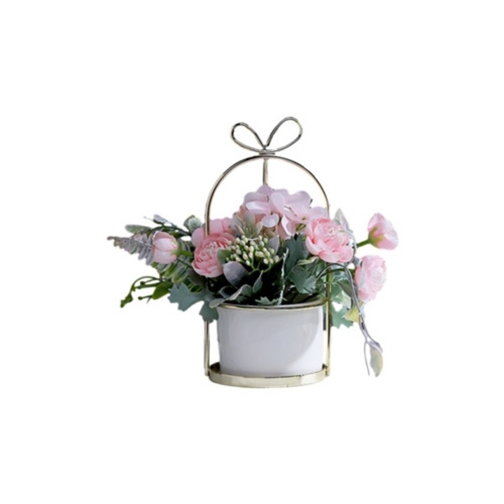 Flori artificiale Hortensii cu vaza ceramica, plante mini false, multicolor