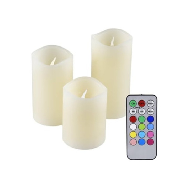 Set de lumanari fara flacara din plastic ivoriu, cu LED-uri, cu telecomanda si temporizator