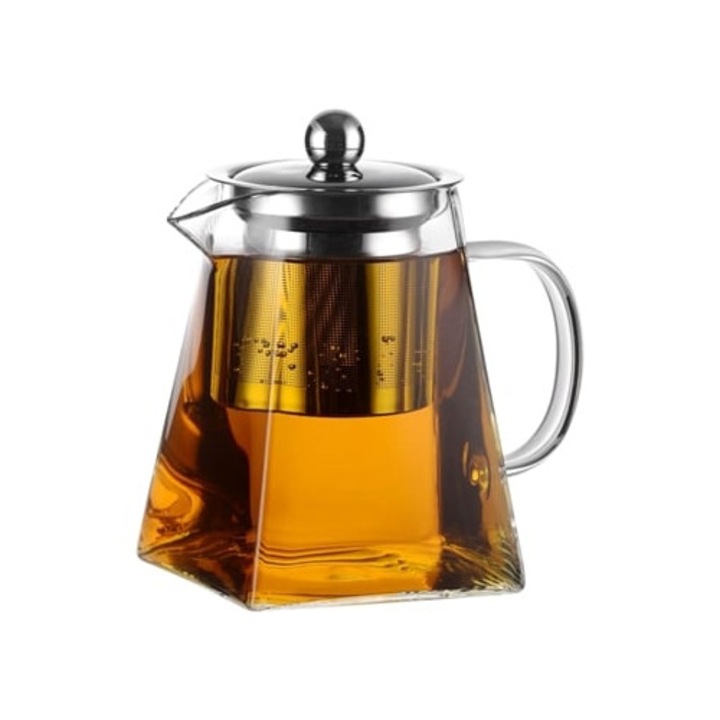 Ceainic din sticla clara, design patrat elegant, sticla borosilicata, insertie din otel inoxidabil, pentru aragaz, cuptor cu microunde, masina de spalat vase