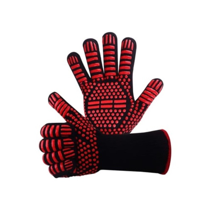 Hőálló konyhai kesztyűk, piros, aramidszálas és csúszásgátló szilikon, univerzális méret