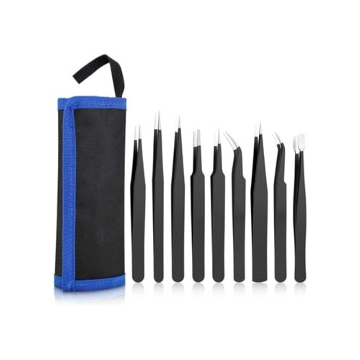 Set de pensete de precizie, din inox, design ergonomic, anti-static, pentru repararea electronicelor