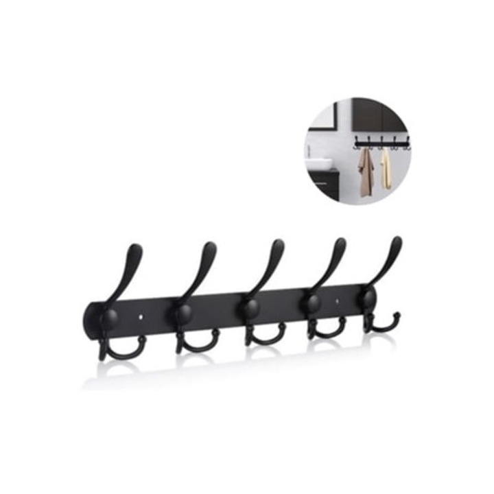 Cuier cu 5 carlige triunghiulare, pentru haine, paltoane, palarii, set, negru