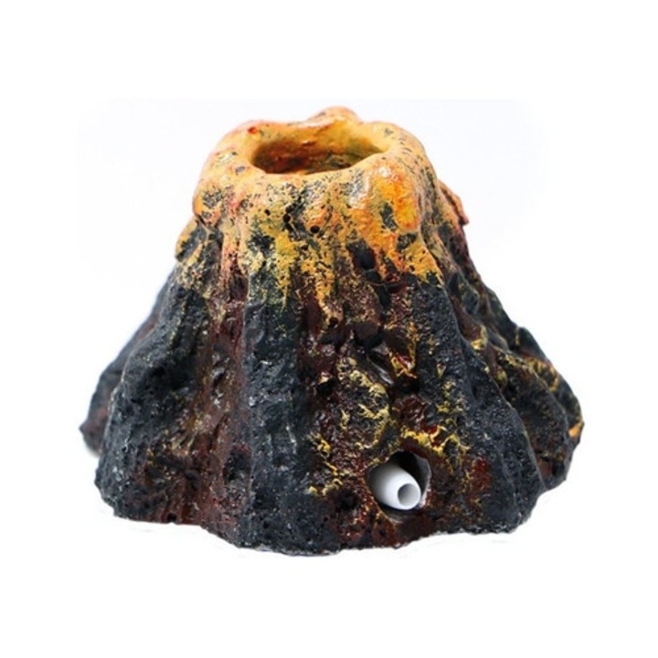Decoratiune acvariu in forma de vulcan, cu piatra de bule si pompa de oxigen, multicolor