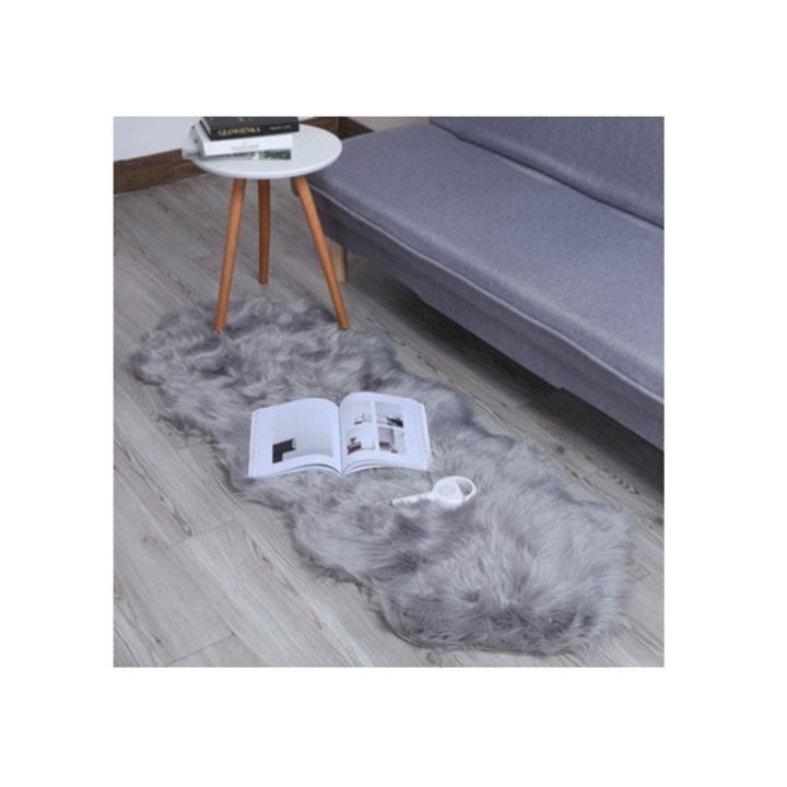 Covor din lana artificiala, moale, lung, gri, 60x160cm