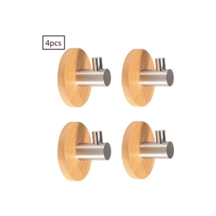 Set de carlige adezive din bambus si inox, 4 bucati, pentru baie si bucatarie