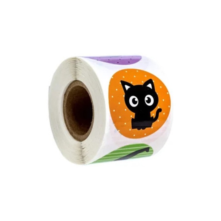 Halloween dekoratív matrica szett, 500 aranyos matrica, élénk színek, vízálló, kerek pecséttel.