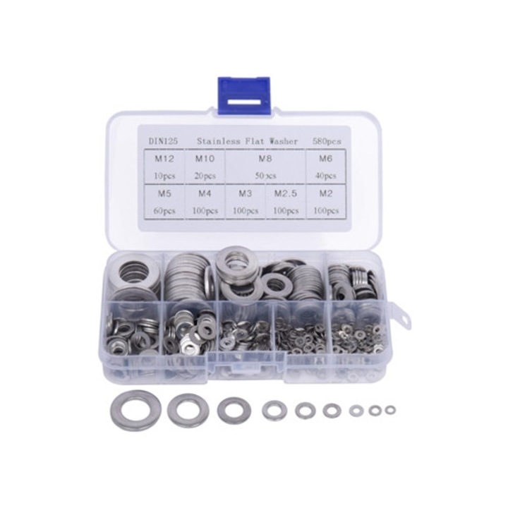 Set de piulite metalice cu cutie plastica, 9 dimensiuni, inox, 580 bucati