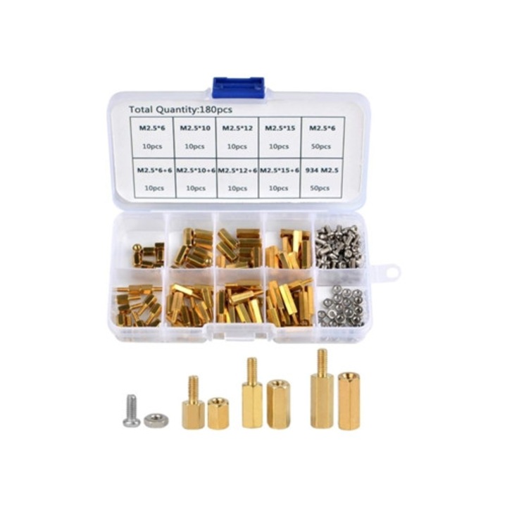 Kit 180 distantiere hexagonale din alama M2.5 si piulite din inox 6mm