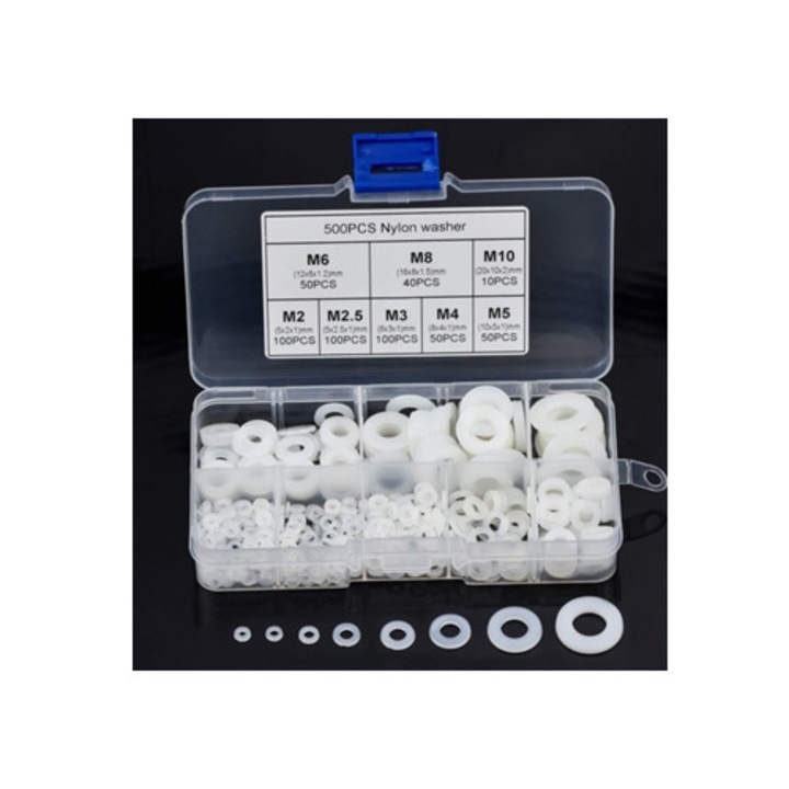Set de 500 piulite plate din nylon plastic, M2-M10, cu cutie
