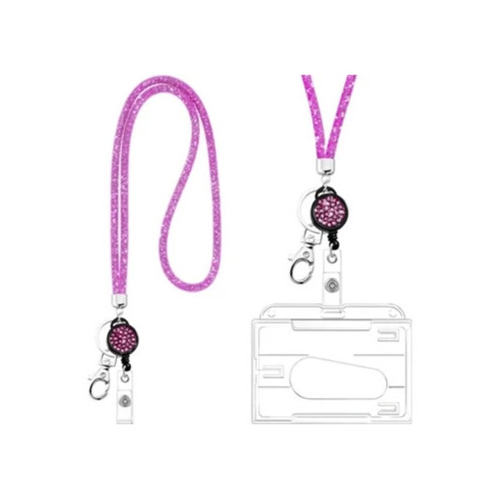 Kihúzható kulcstartó, kitűzőtartó karabinerrel, kristályokkal, többszínű