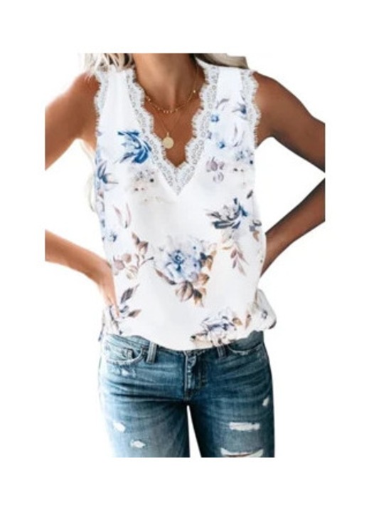 Дамски топ, памук, флорален принт, бял, Един размер INTL