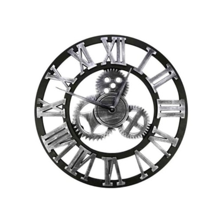 Ceas decorativ de perete cu cifre romane, design industrial, finisaj argintiu antic, mecanism fix, 3D