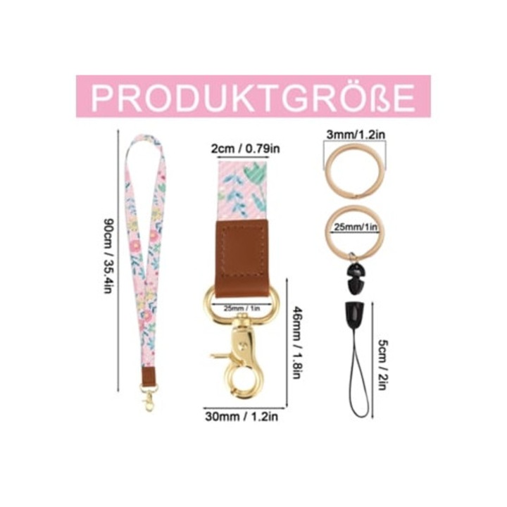 Kulcstartó zsinórral, 3 kiegészítővel, elöl és hátul nyomtatással, kulcsokhoz, azonosító kártyához