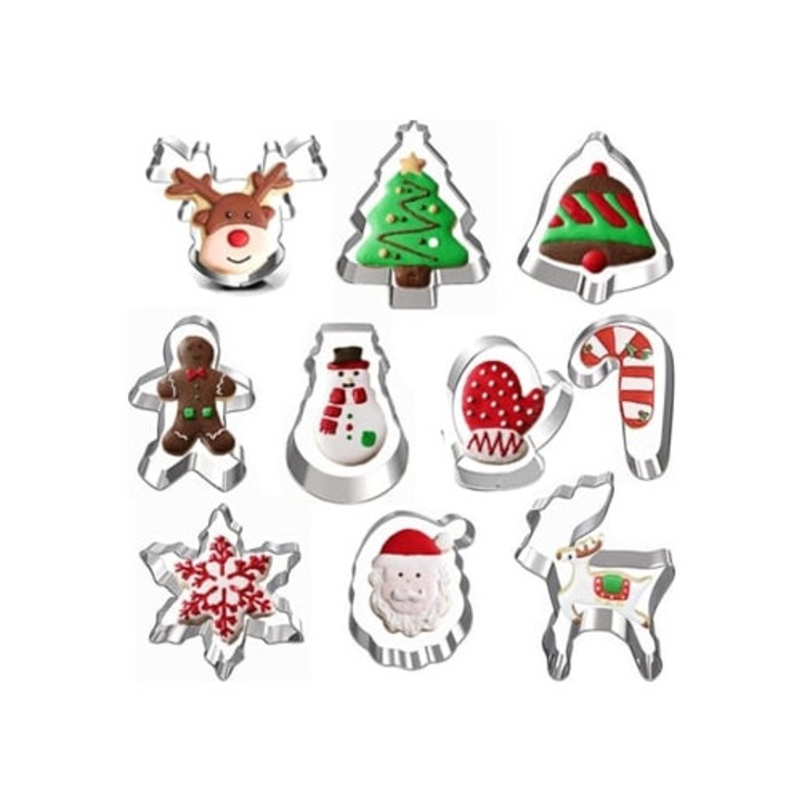 Set forme prajituri din otel inoxidabil, Craciun, 10 bucati, diverse forme