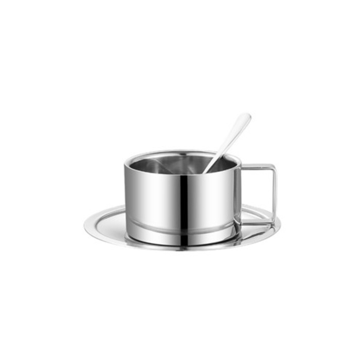 Set 3 Cani din Inox cu Doua Straturi, cu Farfurie si Lingurita, Izolatie Termica, Color P