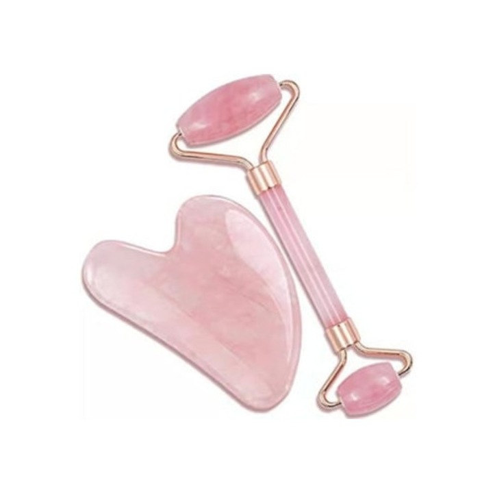 Set de masaj Gua Sha cu rola din jad pentru relaxare musculara, roz