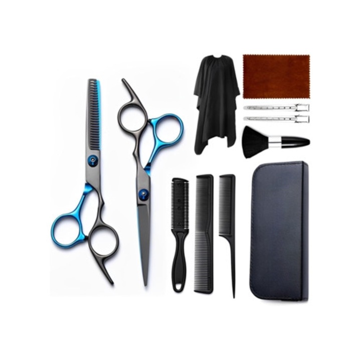 Ножици за подстригване, 11 части, неръждаема стомана, синьо и черно